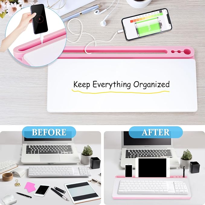 DOLLAR BOSS Glass Desk Whiteboard Small Dry Erase Board Desktop White Board with Storage Drawer Computer Keyboard Stand Desk Organizer Office Accessories School Supplies with 4 Markers 1 Eraser, Pink
