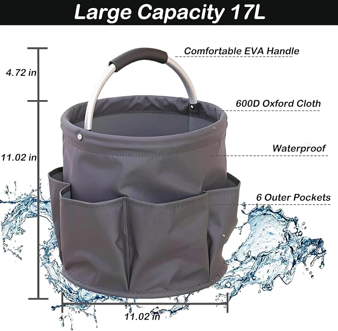 17L Foldable Cleaning Caddy with Handle, Cleaning Supplies Organizer Storage Basket with 6 Side Pockets, Portable Multi Cleaning Bucket Bag for Home Garden Bathroom Camping (Dark Grey)