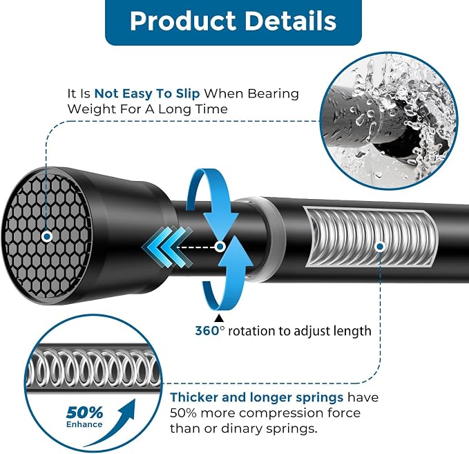 AIZESI Tension Curtain Rod 28 to 48 Inch No Drilling Adjustable, Black | Expandable Spring Loaded Curtain Rod, Rust-Resistant Stainless Steel, Shower Rods for Bathroom, Window, Doorway & Closet