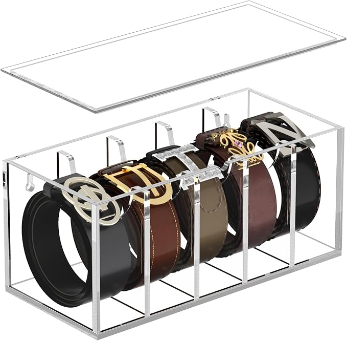 FEMELI Acrylic Belt Organizers for Closet 5-Slots Belt box with Dust Cover | Acrylic Clear Shelf Belts Holders for Closet& Drawer Womens Men Belts Tie Jewelry Storage Organizers Case