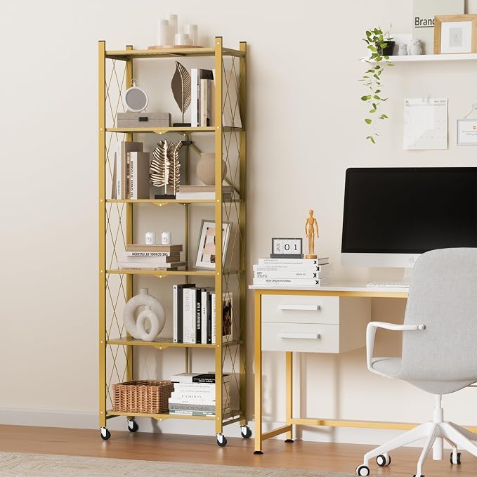 ALANNG 73.6 Inch Folding Bookshelf, 6 Tier Metal Bookcase and Bookshelves | Tall Shelves for Living Room Office Bedroom, Heavy Duty Book Shelve Free Standing Open (Gold, 3PACK)