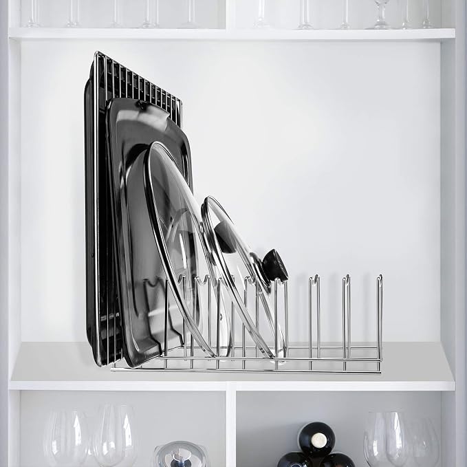 Pot Lid Organizer, Kitchen Plate Rack Holder Rest, Storage Cutting Boards, Bakeware, Pots & Pans, Serving Trays, Reusable Containers in Cabinet Pantry, Stainless Steel