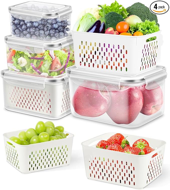 4 Pack Fruit Storage Containers for Fridge Fresh Produce Saver Berry Keeper | Airtight Food Container Set with Colander Lettuce Keep Fresh BPA Free Plastic Refrigerator Organizer Freezer Dishwasher Safe