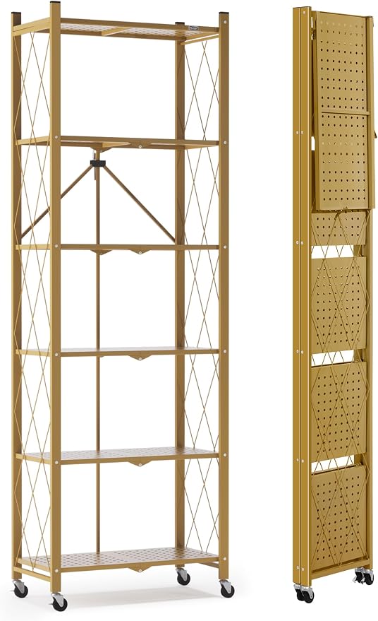 ALANNG 73.6 Inch Folding Bookshelf, 6 Tier Metal Bookcase and Bookshelves | Tall Shelves for Living Room Office Bedroom, Heavy Duty Book Shelve Free Standing Open (Gold, 1PACK)