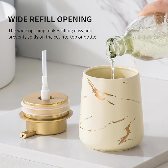 Enra Ceramic Gold Soap Dispenser, 12 oz Modern Liquid Hand Soap Dispenser for Bathroom Kitchen with Easy-to-Press(Gold Liquid Type-Beige)
