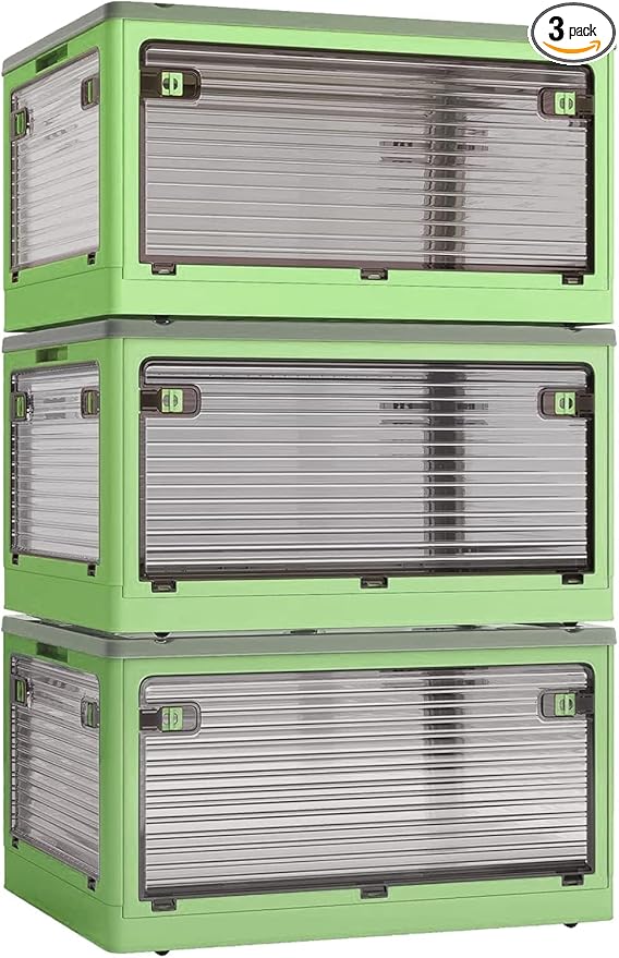 3-Pack Stackable Storage Bins, 83-Liter Collapsible Organizers with 3 Lids, Wheels, Foldable Collapsible Box for Outdoor Camping, Green