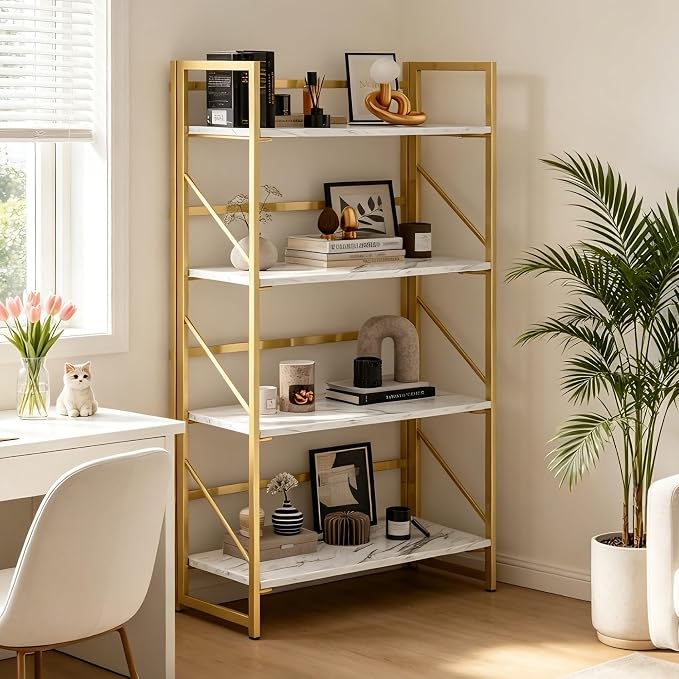 JSB 4 Tier No Assembly Folding Bookshelf, Foldable Storage Bookcase for Home Office, Space-Saving Storage Shelf for Living Room, Bedroom, Office (White&Gold)