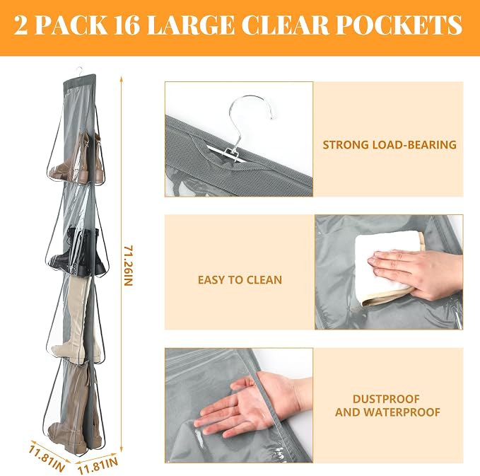 Windyun 16 Pairs Large Clear Pockets Fabric Dual Sided Hanging Shoe Rack for Closets Hanging Shoe Organizer with Rotating Hanger Boot Organizer for Storage Men's and Woman's Boots(Gray)