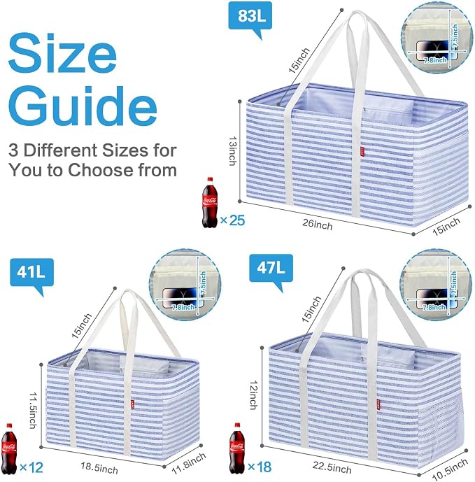 LHZK Standing Extra Large Utility Tote Bag with Metal Wire Frame and the Sides Rinforced, Extra Large Tote Bag with Handle, Reusable Grocery Bags Foldable, Beach Bag, Car Tote (Blue, 26''x15''x13'')