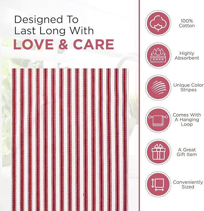Stripe Kitchen Dish Towels With Hanging Loop - Boho Absorbent Festive Gift Set of 6 - Reusable 18x28 Inch Pantry Decor - Trendy Spring French Red
