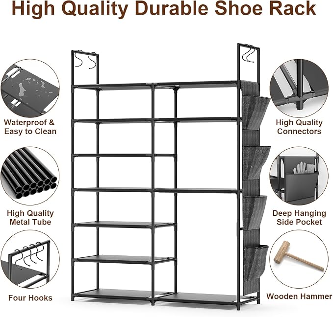 Kottwca 7 Tiers Shoe Rack Metal Shoe Organizer for Entryway Closet, 24-28 Pairs Stackable Shoe and Boots Shelf Storage Cabinet with Hooks and Side Hanging Pockets for Bedroom, Garage, Black