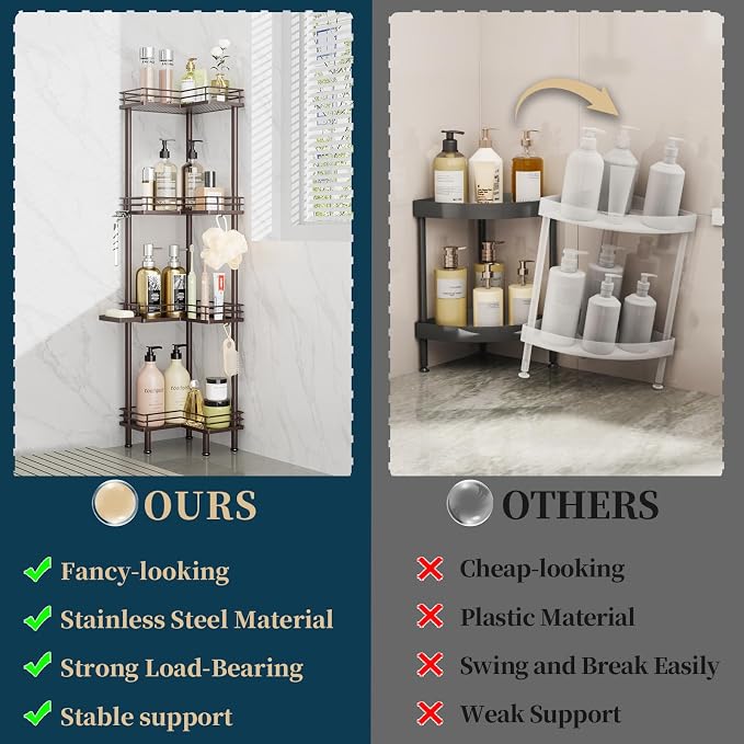 Consumest Corner Shower Caddy Standing - 4-Tier Stainless Steel Shower Organizer with Soap Holder and 4 Hooks, Large Capacity Corner Shelf Stand for Bathroom, Rest Room, Bronze