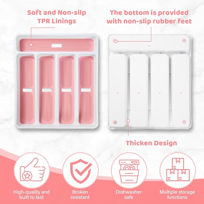 shopwithgreen Silverware Organizer with Cutlery Icons，Silverware Tray for Kitchen Drawer，Plastic Flatware Drawer Organizer Utensil Organizer with Non-slip TPR Linings，5-Compartment Silverware Caddy