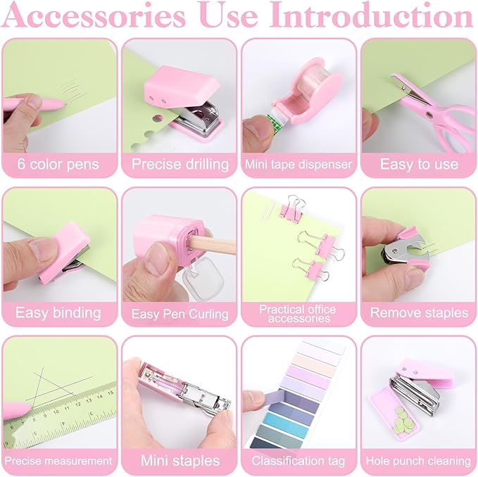 Mini Office Supplies, Purple School Supplies with Sticky Notes,Mini Stapler,Tape Dispenser,Hole Punch,Staple Remover,Staples,Clips,Scissor,Pen (Pink)