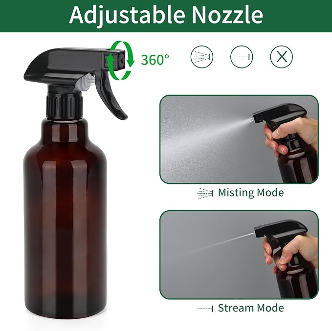 Cosywell Glass Spray Bottles 16.9oz/500ml 2 Pack Brown Empty Spray Bottle | Mist/Stream Heavy Duty, Water Spraying Bottle, for Cleaning, Cooking Solutions, Hair Care, Including a funnel and two lid