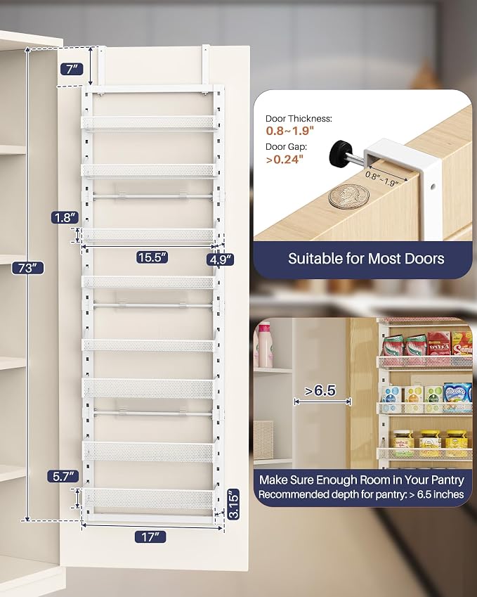 8 Tier Pantry Door Organizer, 2 IN 1 Over the Door Pantry Organizer with Metal Adjustable Baskets,Spice Rack Wall Mount or Door Organizer, Door Spice Rack for Pantry