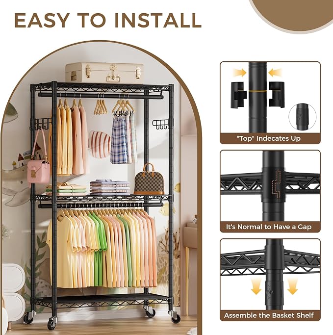 Golpart Heavy Duty Rolling Clothes Rack Wheels Portable Metal Garment Rack | Wardrobe Adjustable Wire Shelving Metal Double Clothing Racks for Hanging Clothes Organizer Closet Laundry Room Organization