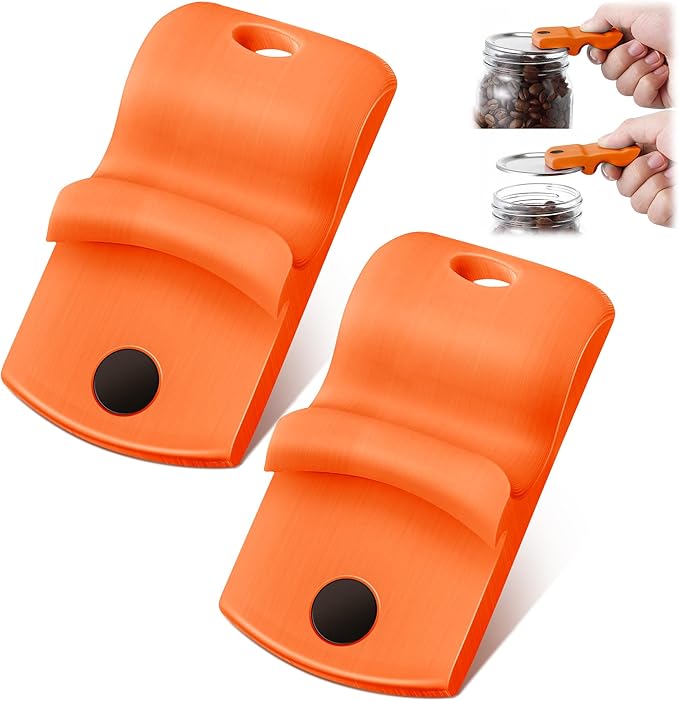 2 Pack Canning Jar Opener with Magnets, Mason Jar Opener For Canning Lids, Regular and Wide Mouth Lids, Powerful Magnet for Easy Refrigerator Storage, Releases Vacuum Seal– Patent Pending(Orange)