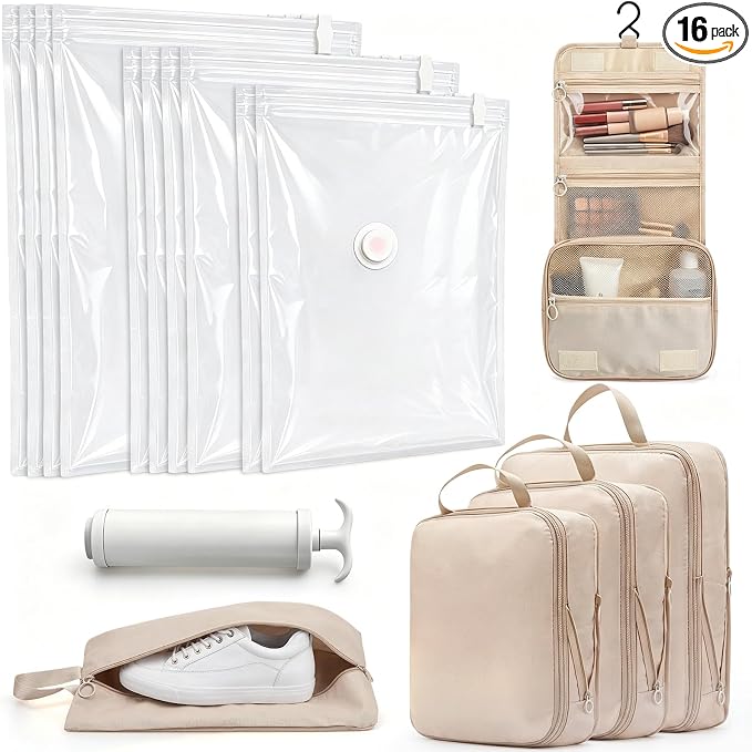 16 Set Vacuum Compression Packing Cubes and Expandable Storage Bag Travel Essentials with Hand Pump for Suitcase Organizer Bags in 6 Sizes with Shoe Laundry Hanging Cosmetics Bag
