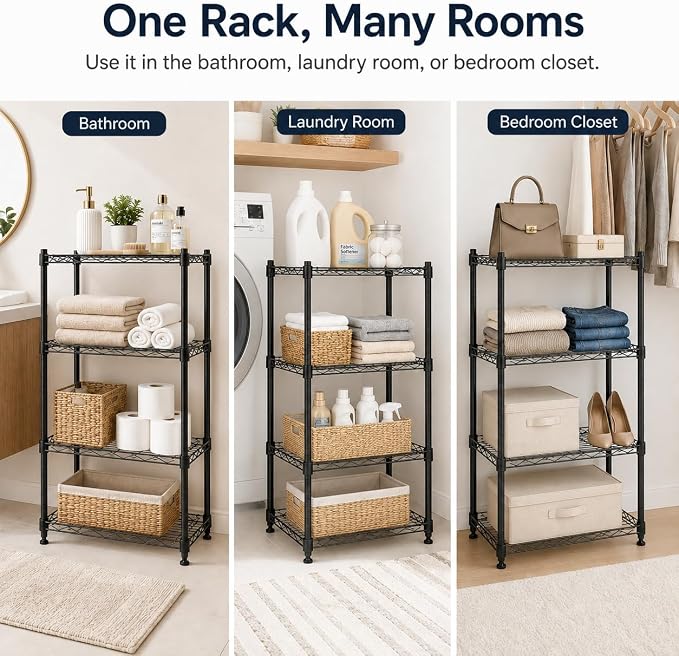 4 Tier Storage Shelves, Metal Wire Shelving Unit, Heavy Duty Adjustable Shelf Rack for Pantry, Kitchen, Garage and Laundry Room, Black