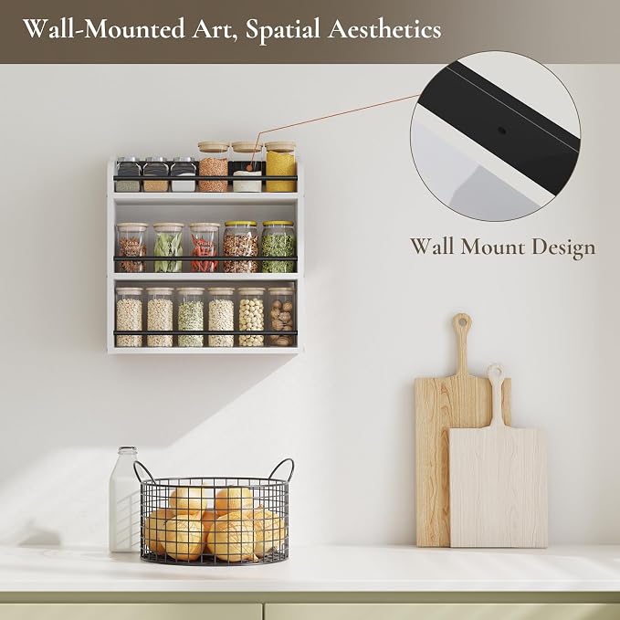 3 Tier Wooden Spice Rack, Seasoning Jars Rack Shelf Spice Organizer for Countertop or Wall Mount, Vertical Spice Holder for Kitchen Counter, Cabinet, Pantry, White