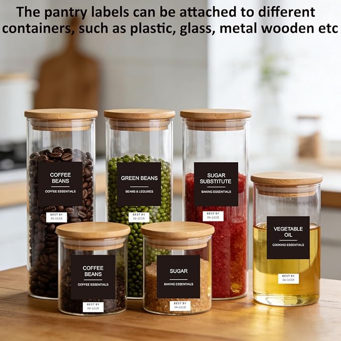 300pcs Pantry Labels for Food Containers, Preprinted Minimalist Waterproof Stickers Removable Black Kitchen Food Labels Expiration Date Labels for Organizing Storage Bins Jars Bottles Boxes