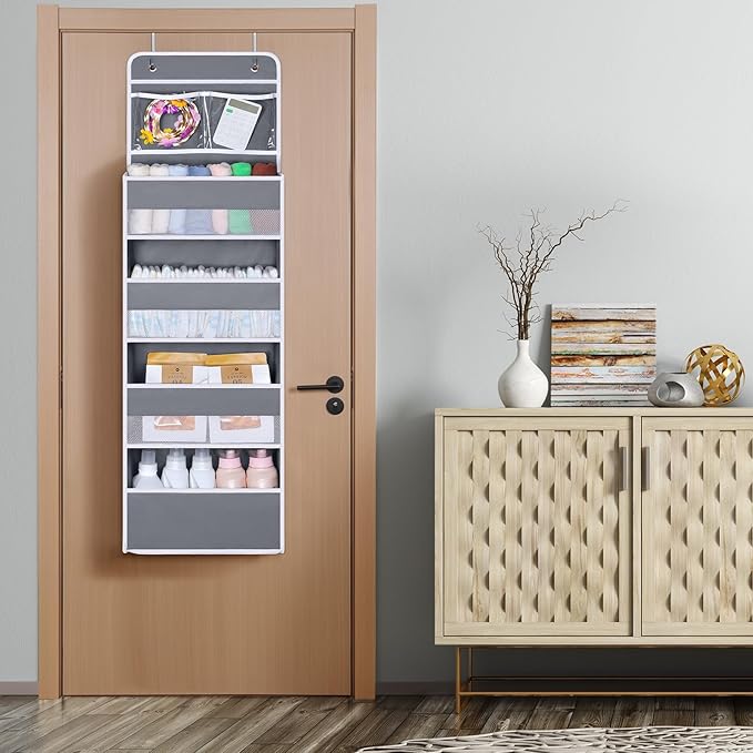 Univivi Over The Door Organizer, 5 Shelf Door Hanging Organizer Nursery Door Storage with 4 Large Compartments and 2 Small PVC Pockets 6 Side Pockets for Bathroom,Cosmetics and Nursery Baby Essential