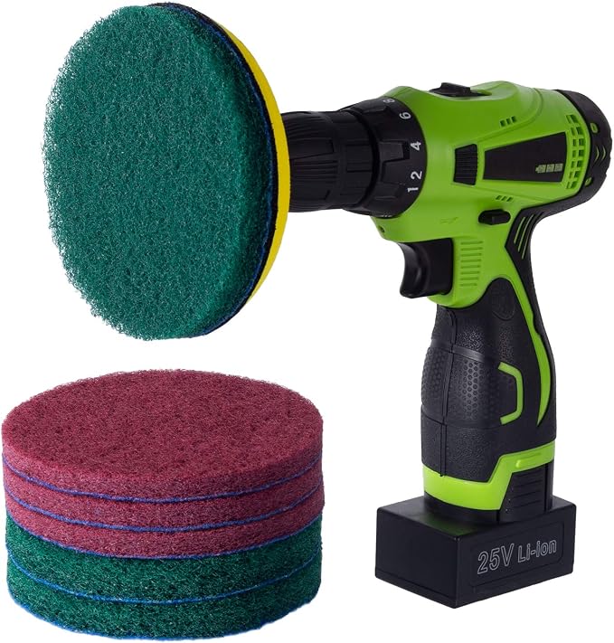 Kichwit 5 Inch Drill Powered Brush Tile Scrubber Scouring Pads | 2 Different Stiffness, 5" Pad Holder with 6 Scrubbing Pads, Cleans Large Flat Areas Perfectly (Drill NOT Included)