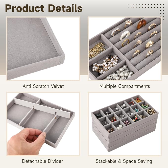 Homaisson Jewelry Drawer Organizer, Velvet Jewelry Tray, Multiple Compartment Layout, Set of 4 Jewelry Organizer for Rings, Earrings, Bracelets, Necklaces (Grey)