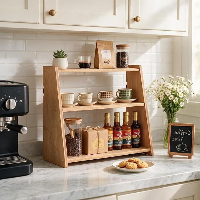 100% Solid Wood Coffee Bar Organizer, Countertop Organizer | 3 Tier Coffee Station Organizer, Water Proof Bathroom Counter Organizer, Display Shelf for Mug, Makeup, Trinket, perfume