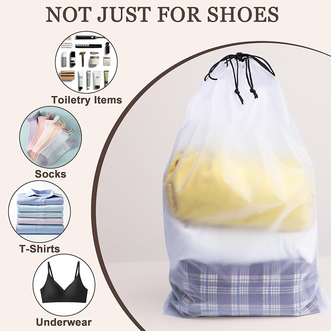 18 Pack Clear Shoe Bags for Travel Essentials, 15.7"×11.8" PEVA Drawstring, Water-Resistant, Fits up to Men’s 12–13, Reusable Storage for Clothes & Toiletries, Keep Luggage Tidy & Odor-Free