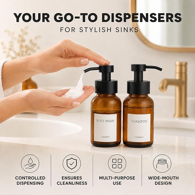 2 Pcs Amber Glass Foaming Soap Dispenser - 8.5 Oz Refillable Glass Foaming Hand Soap Dispenser, Non-Slip Bottom, 6 Moisture-Resistant Labels - Elegant Pump Bottles for Bathroom & Kitchen Counter Decor