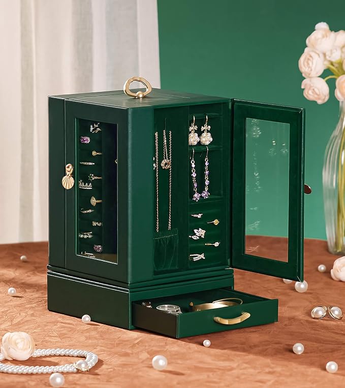 Enthralite Luxury Jewelry Box for Women: 360° Rotating with Clear Window | Compact Jewelry Storage with Drawer - Necklace Ring Organizer with Compartments - Elegant Earring Holder Display Great Gift