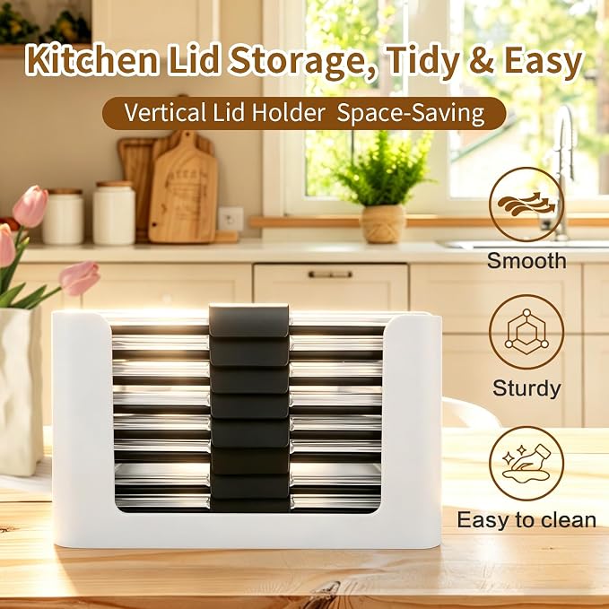Food Storage Container Lids Organizer for Rubbermaid Brilliance Nap-On Lids,Lid Organizer for Kitchen Cabinet Storage - Fits 3.2, 4.7 & 9.6 Cups - Holds 16 Lids (White,2-Piece Bundle)