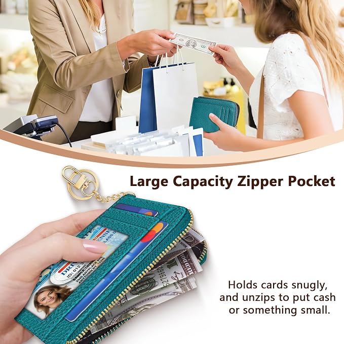 GIANCOMICS Slim Wallet Credit Card Holder Women, Peacock Blue Rfid Blocking Small Card Case, Keychain Thin Pocket Curved Zipper Wallet, Travel Card Holder PU Leather ID Window, Ladies Female Gifts
