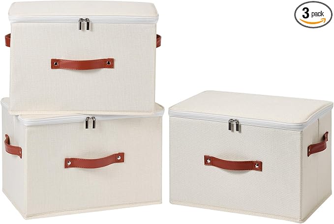 3PCS Storage Bins Boxes with Zippered Lids Cotton Linen Fabric Decorative Basket PU Leather Handles PP Plastic Board Foldable Lidded Clothing Shelf Closet Organizer Container (Beige, Large)