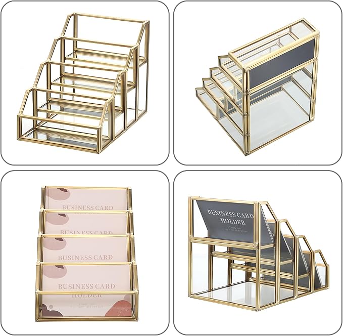 Hipiwe 4 Slots Glass Business Card Holder for Desktop, Gold Mirrored Business Card Display Stand, Multiple Clear Business Name Card Organizer Holder for Office Exhibition