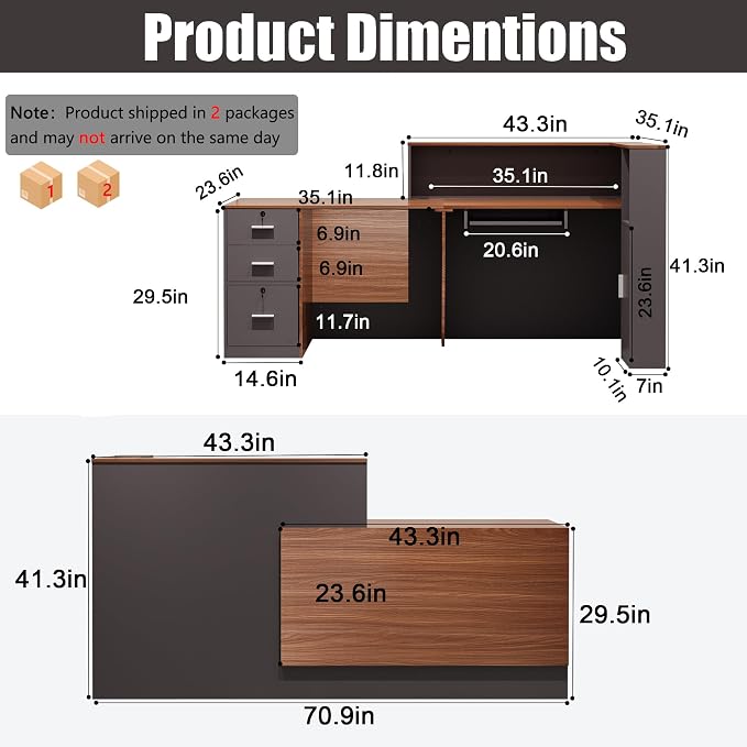 L-Shaped Reception Desk,Large Front Desk with Keyboard Tray, Lockable Drawers & File Cabinet, Receptionist Desk for Checkout,Lobby (Left L-Walnut/Slate Gray, 71''L x 23.6''W x 41.3''H)