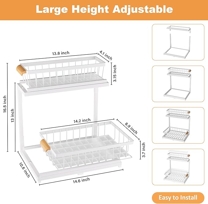 Under Sink Organizer 2 Tier, Pull Out Drawer Slides Under Sink Storage for Bathroom Kitchen,Multi-Purpose Drawer Under Cabinet Organizer for Cleaning Supplies (White, Large-1 Pack)