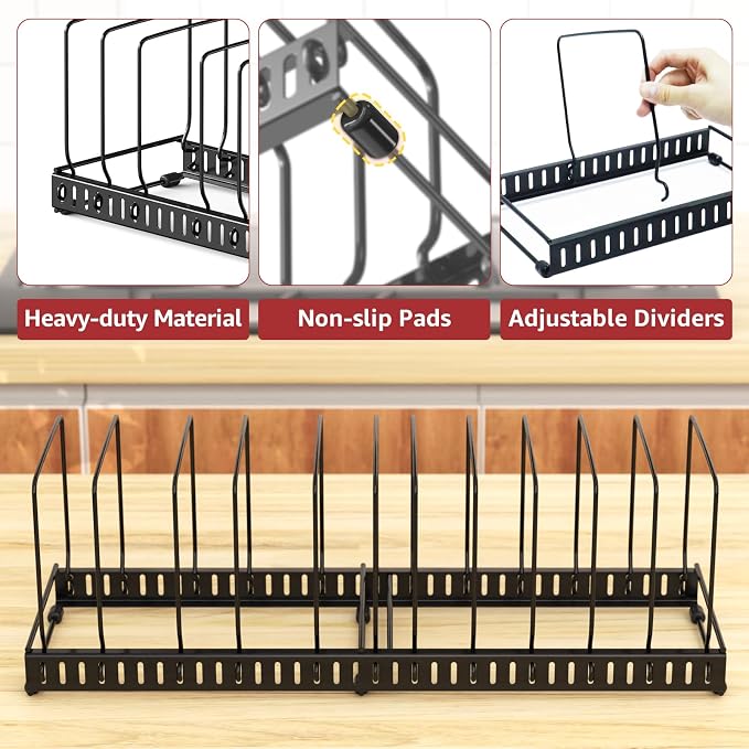 HzTinT Cutting Board Organizer Rack for Cabinet, Expandable 11.3"-22.5" Adjustable Divider Cutting Board Holder and Pot Lid Organizer, Kitchen Cabinet Organizer for Bakeware, Black