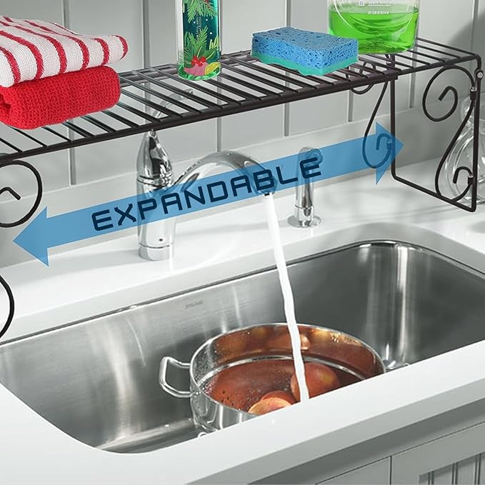 Expandable Over-the-Sink Metal Shelf - Adjustable 1-Shelf Storage for Kitchen, Bathroom & Pantry - 24.5" to 40.75" Adjustable Width, 8.5" Height