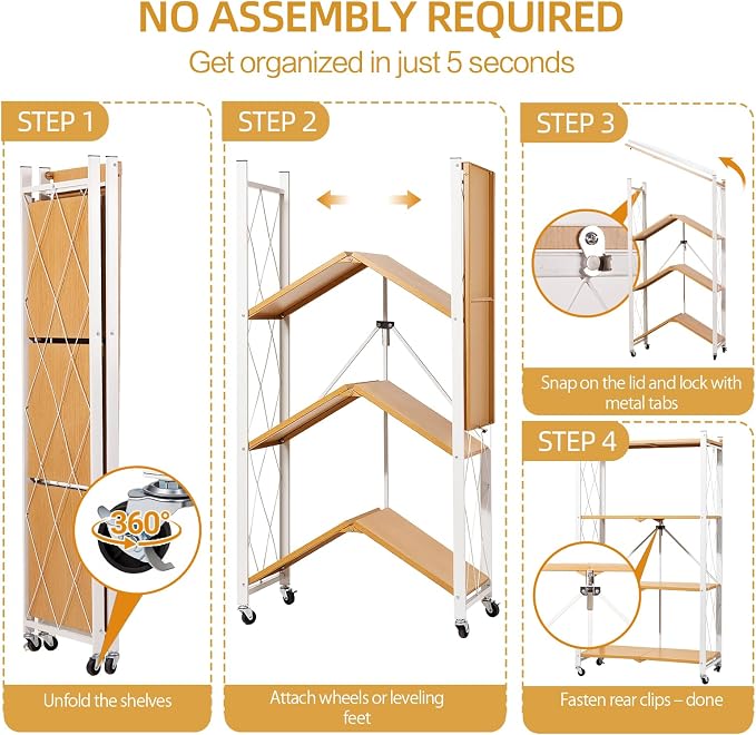 4-Tier Folding Storage Shelves with Wheels – No Assembly, Heavy Duty Collapsible Rolling Shelf Unit for Kitchen, Bedroom, Living Room