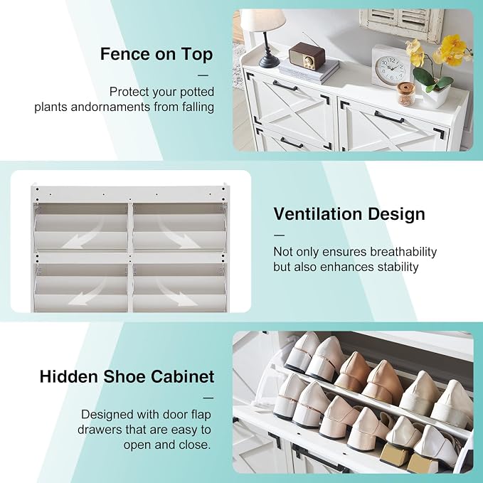 Barnyatoh Shoe Storage Cabinet,Farmhouse Shoe Organizer with 4 Flip Drawers & Barn Door Design,Freestanding Hidden Slim Narrow Shoe Rack Cabinet for Entryway,Foyer,Hallway,Antique White