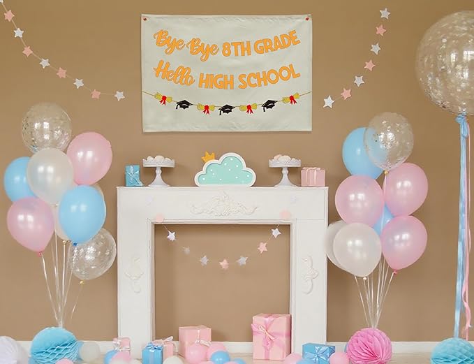 Graduation Banner Party Decor-Rectangular Canvas Banner Pennant Poster Wall Sign-Garland for Congratulation Graduation Party Supplies Classroom Front Door Home Decorations-Bye Bye 8th Grade