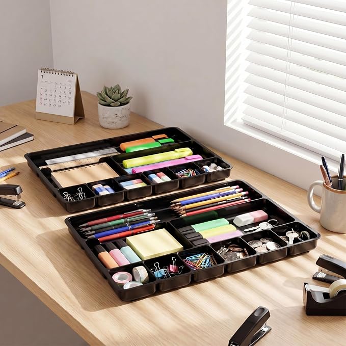 Junkin 4 Pcs Shallow Drawer Organizers 14" x 9" x 1" Desk Drawer Organizer Tray with 9 Storage Compartments for Home Office Classroom School Organizing Pens Paper Clips Sticky Notes (Black)