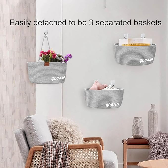 GOCAN Hanging Storage Baskets Over the Door Hanging Basket, 3-Tier Cotton Rope Woven Hanging Organizer, Detachable Decorative Hanging Baskets for Wall Living Room, Bathroom and Bedroom(grey)