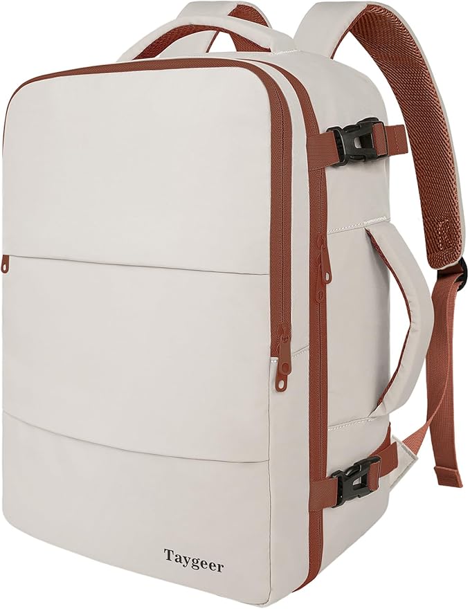 Taygeer Backpack for Women, College Backpack with Laptop Compartment | Travel Laptop Mochila Carry On Luggage with Shoe Pouch, Airline Approved Personal Item Bag For Weekender Hiking, Khaki White