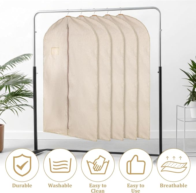 5 Packs Cotton Garment Bag for Hanging Clothes, 40" Breathable Hanging Suit Cover, Linen Garment Bags for Clothes Coats, Leather Jackets, Sweaters and Closet Storage