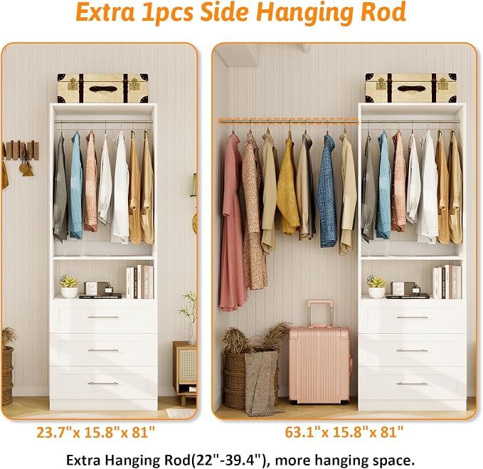 Closet System of 2 Sets, 4FT-10FT Closet Organize System with 6 Wooden Drawers, 4 Hanging Rods & Shelves, Walk in Closet System Storage, Modular Closet System, White(4FT)
