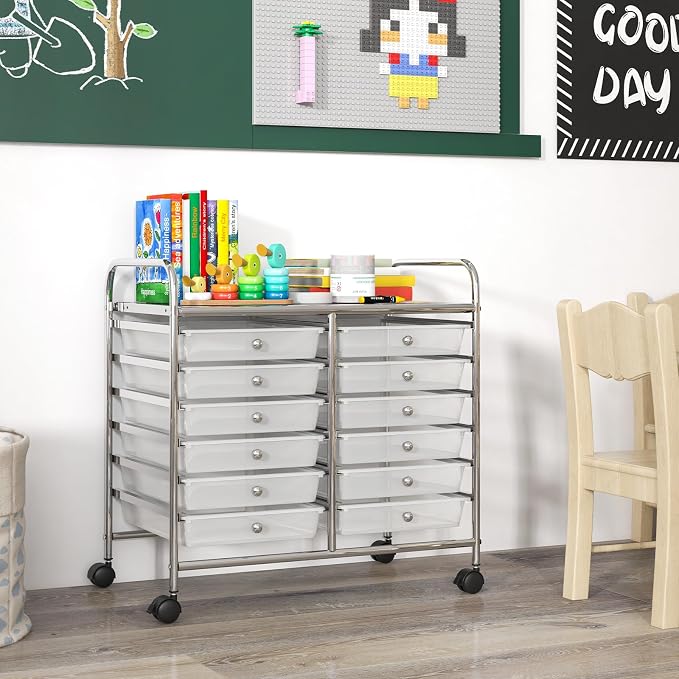 LDAILY 12 Drawer Rolling Storage Cart, Craft Cart Organizer on Wheels w/Metal Frame, Large Capacity & Smooth Drawer, Rolling Cart w/Drawers for Classroom, Office